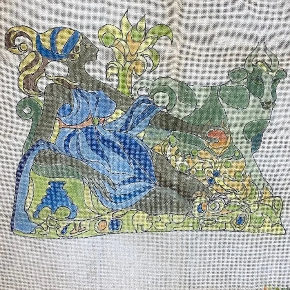 Abstract Reclining Woman and Cow Tapestry in Blue & Green